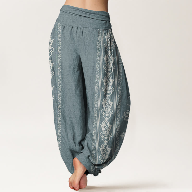 Pantalones bombachos de cintura elástica para mujer con diseño de flores de loto de algodón con Buddha Stones, doble dorje vajra namaste om. - image 5