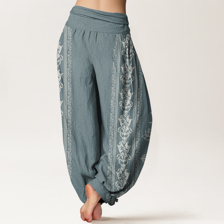 Pantalones bombachos de cintura elástica para mujer con diseño de flores de loto de algodón con Buddha Stones, doble dorje vajra namaste om. - image 5