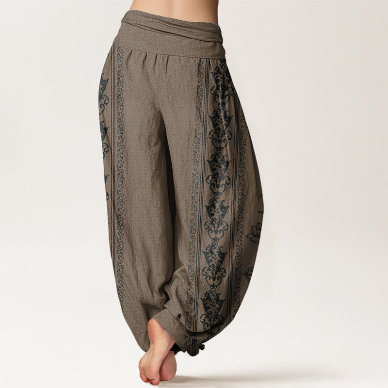 Pantalones bombachos de cintura elástica para mujer con diseño de flores de loto de algodón con Buddha Stones, doble dorje vajra namaste om. - image 8