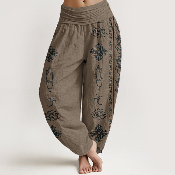 Pantalones bombachos de cintura elástica para mujer con diseño de flores de loto de algodón con Buddha Stones, doble dorje vajra namaste om. - Caqui oscuro - US22，UK/AU26，EU54 (6XL) - image 7