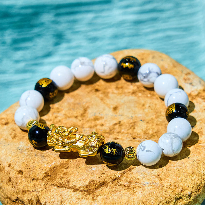 Pulsera de bendición con cuentas de Pixiu de ónix negro y turquesa blanca vintage con Buddha Stones