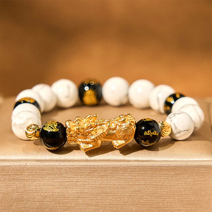 Pulsera de bendición con cuentas de Pixiu de ónix negro y turquesa blanca vintage con Buddha Stones