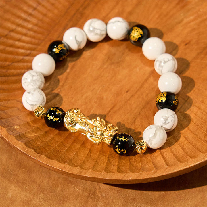 Pulsera de bendición con cuentas de Pixiu de ónix negro y turquesa blanca vintage con Buddha Stones