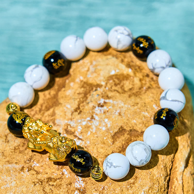 Pulsera de bendición con cuentas de Pixiu de ónix negro y turquesa blanca vintage con Buddha Stones