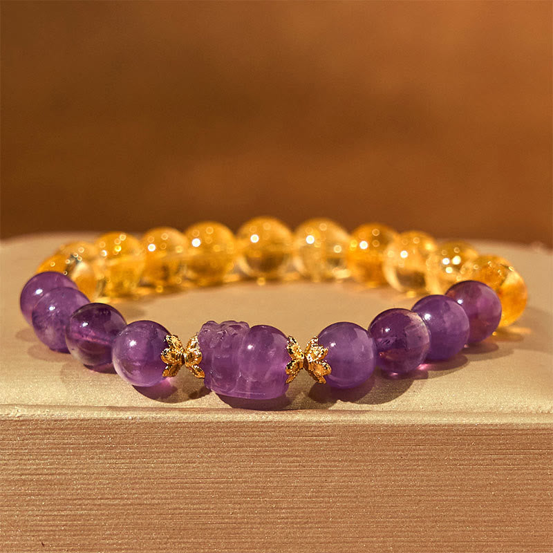 Pulsera de prosperidad de Pixiu con citrino y amatista y Buddha Stones