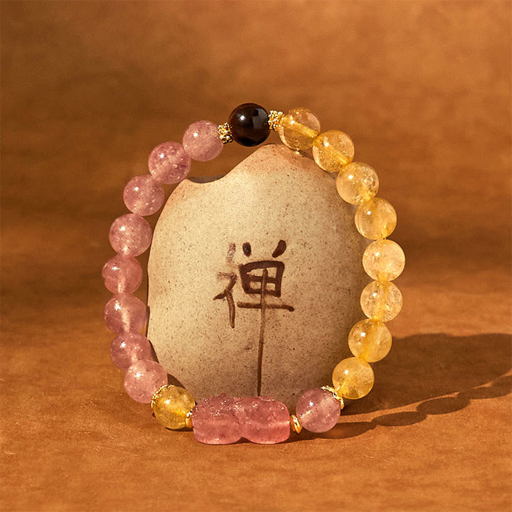 Pulsera curativa con cuentas de cuarzo rutilado de Pixiu y cuarzo fresa y Buddha Stones