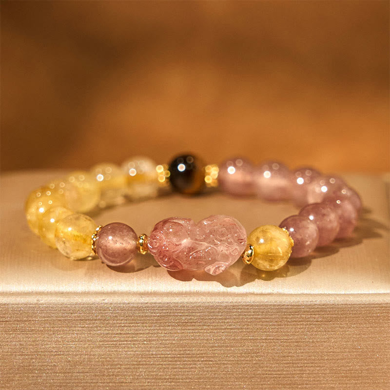 Pulsera curativa con cuentas de cuarzo rutilado de Pixiu y cuarzo fresa y Buddha Stones