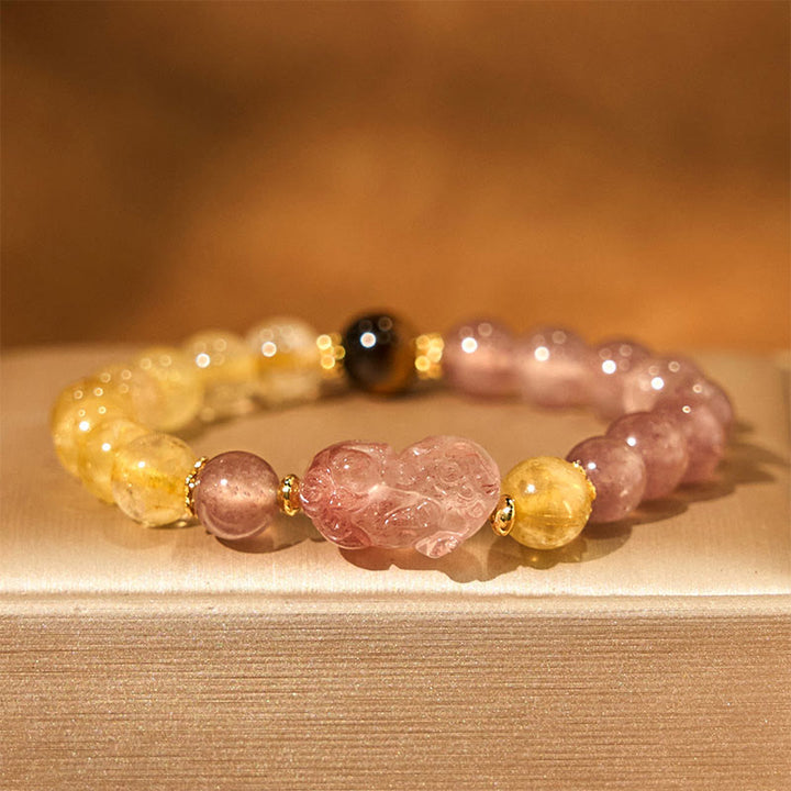 Pulsera curativa con cuentas de cuarzo rutilado de Pixiu y cuarzo fresa y Buddha Stones