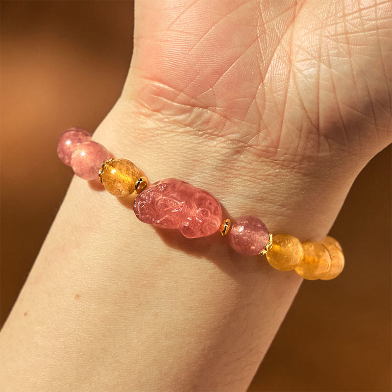 Pulsera curativa con cuentas de cuarzo rutilado de Pixiu y cuarzo fresa y Buddha Stones