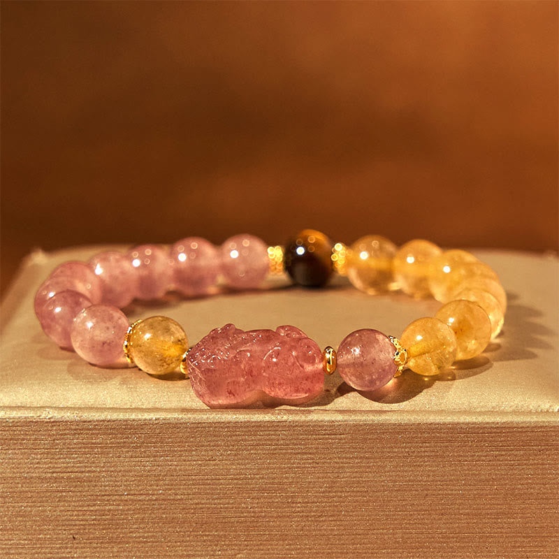 Pulsera curativa con cuentas de cuarzo rutilado de Pixiu y cuarzo fresa y Buddha Stones