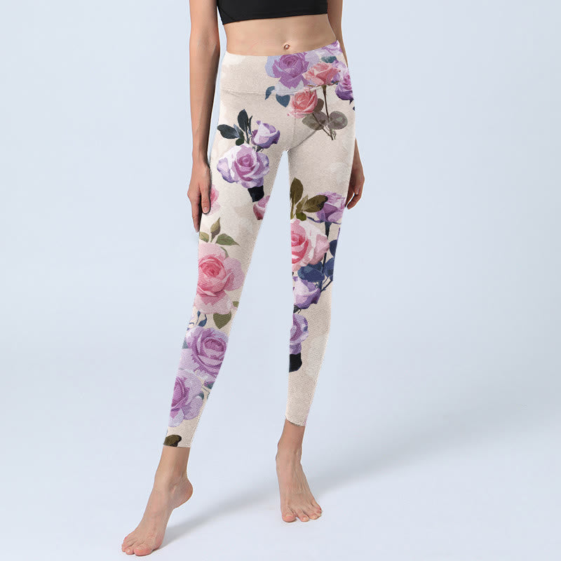 Leggings de yoga para mujer con estampado de flores rosas y Buddha Stones en color beige - image 5