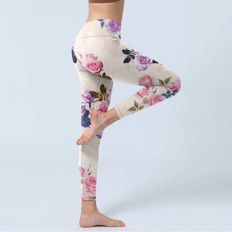 Leggings de yoga para mujer con estampado de flores rosas y Buddha Stones en color beige - image 4
