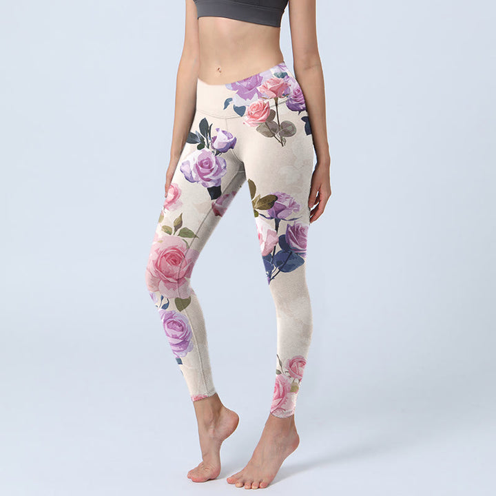 Leggings de yoga para mujer con estampado de flores rosas y Buddha Stones en color beige - Beige - US18，UK/AU22，EU50 (4XL) - image 0