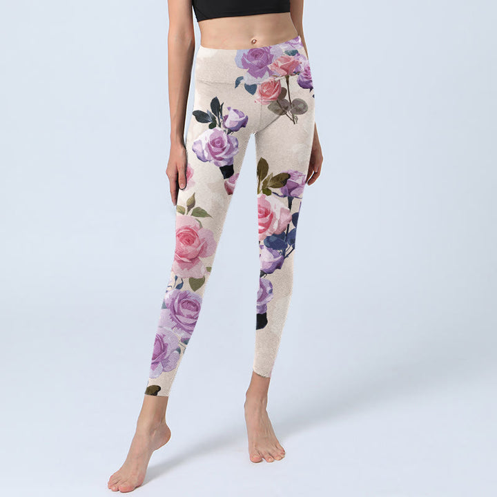 Leggings de yoga para mujer con estampado de flores rosas y Buddha Stones en color beige - image 6