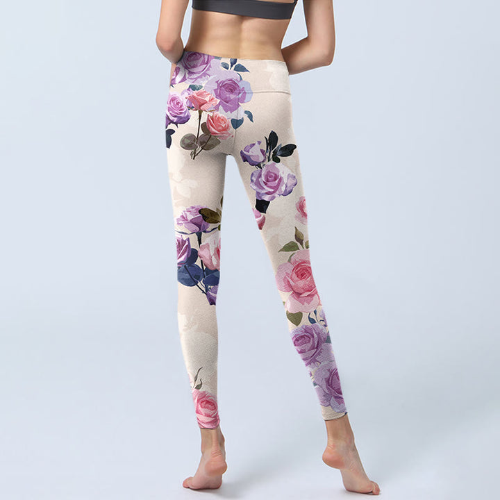 Leggings de yoga para mujer con estampado de flores rosas y Buddha Stones en color beige - image 7