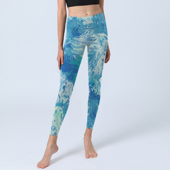 Leggings de yoga para mujer con estampado de agua y pintura al óleo abstracta azul con Buddha Stones - image 6