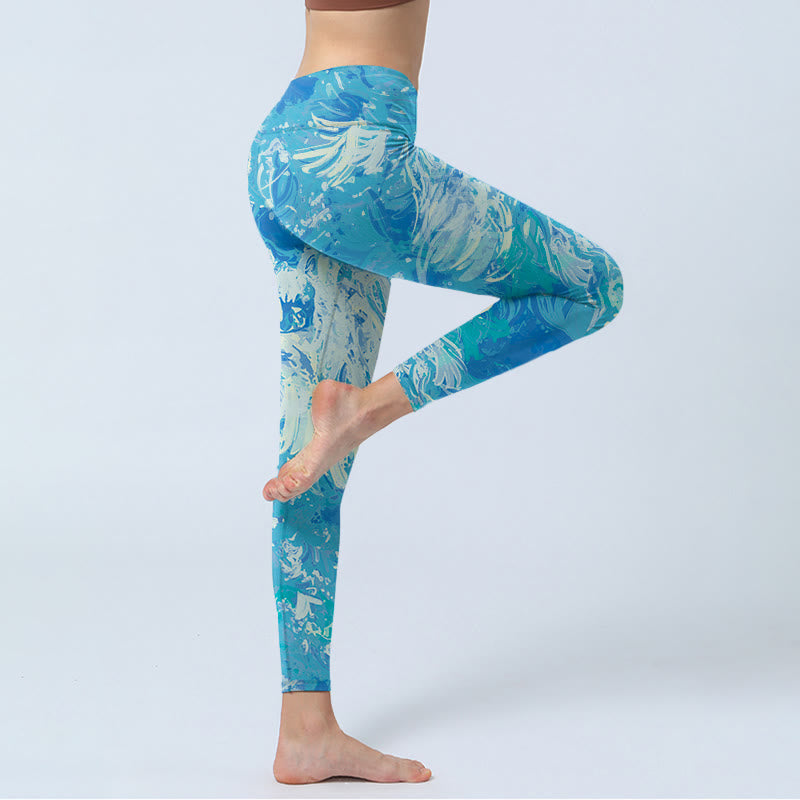 Leggings de yoga para mujer con estampado de agua y pintura al óleo abstracta azul con Buddha Stones - image 3