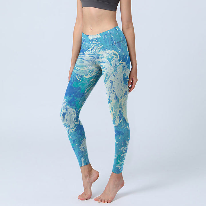 Leggings de yoga para mujer con estampado de agua y pintura al óleo abstracta azul con Buddha Stones - Azul cielo profundo - US18，UK/AU22，EU50 (4XL) - image 0