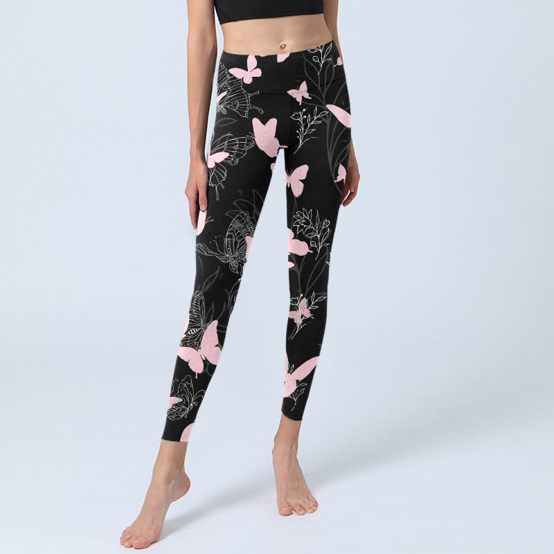 Leggings de yoga para mujer con estampado de líneas de plantas y mariposas negras y Buddha Stones - image 5