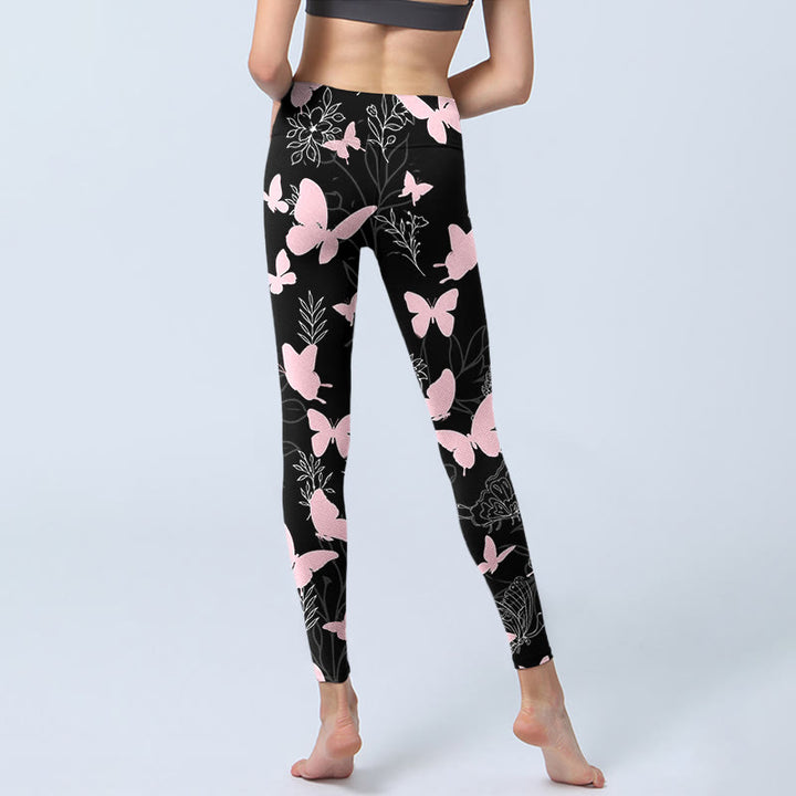 Leggings de yoga para mujer con estampado de líneas de plantas y mariposas negras y Buddha Stones - image 7