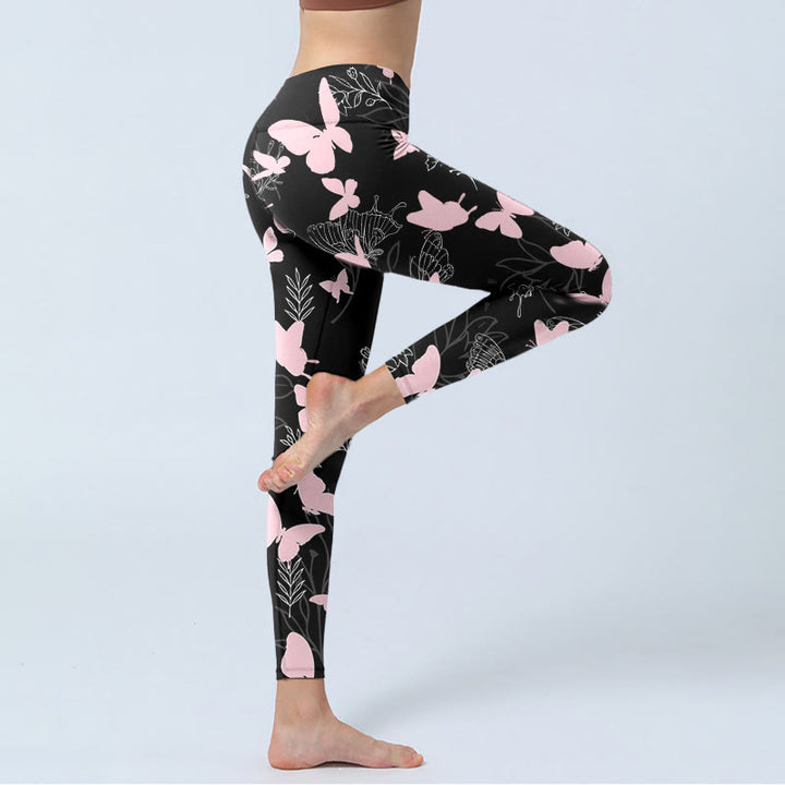 Leggings de yoga para mujer con estampado de líneas de plantas y mariposas negras y Buddha Stones - image 4