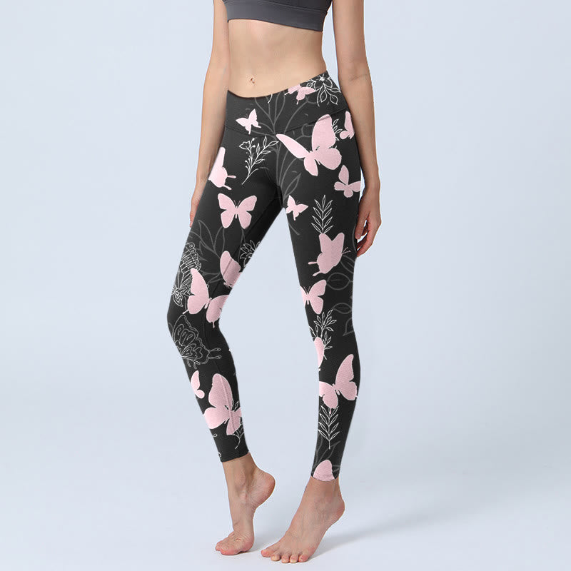 Leggings de yoga para mujer con estampado de líneas de plantas y mariposas negras y Buddha Stones - Negro - US18，UK/AU22，EU50 (4XL) - image 1