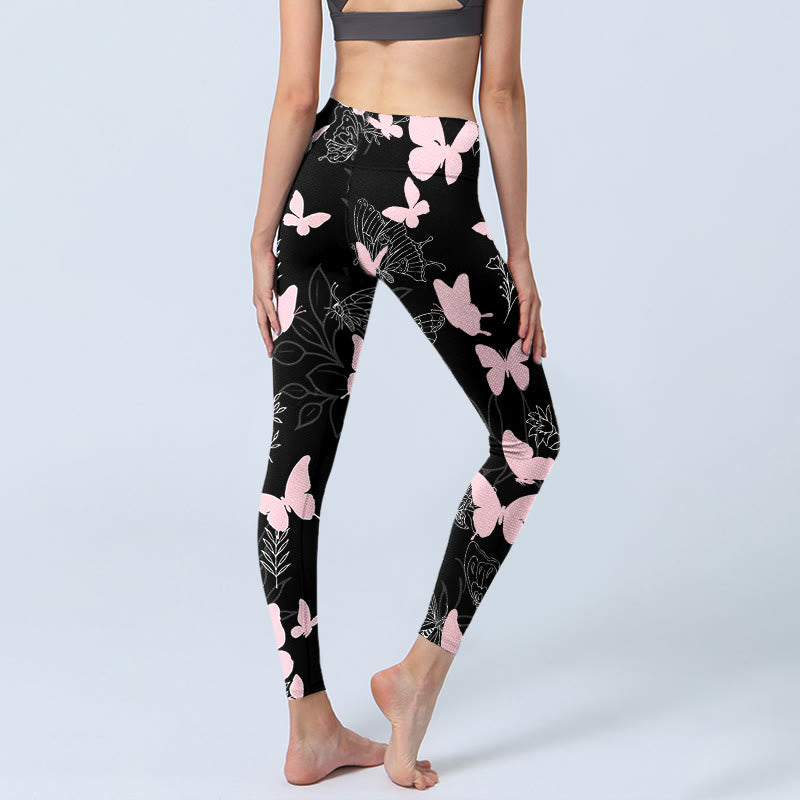 Leggings de yoga para mujer con estampado de líneas de plantas y mariposas negras y Buddha Stones - image 5