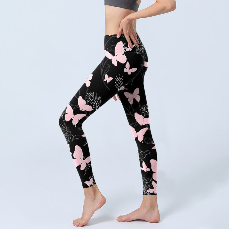 Leggings de yoga para mujer con estampado de líneas de plantas y mariposas negras y Buddha Stones - image 3