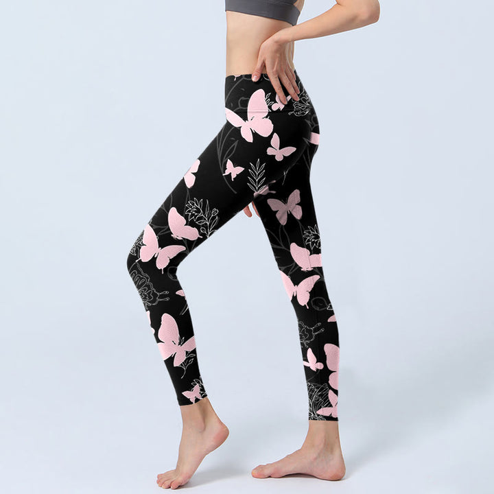 Leggings de yoga para mujer con estampado de líneas de plantas y mariposas negras y Buddha Stones - image 3