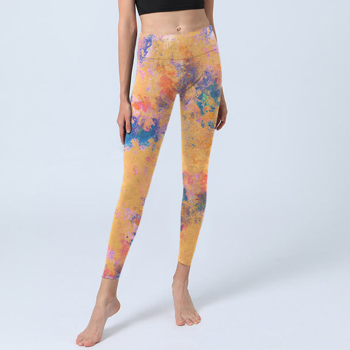 Leggings de yoga para mujer con estampado de acuarela abstracta de color amarillo brillante y Buddha Stones - image 5