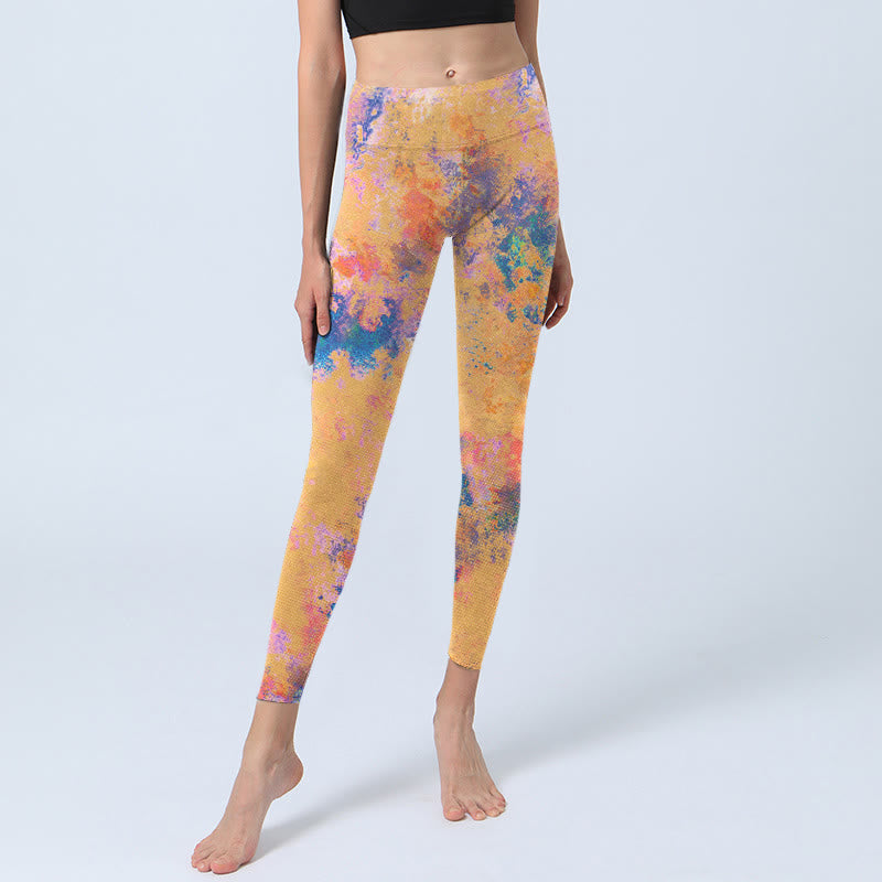 Leggings de yoga para mujer con estampado de acuarela abstracta de color amarillo brillante y Buddha Stones - image 6
