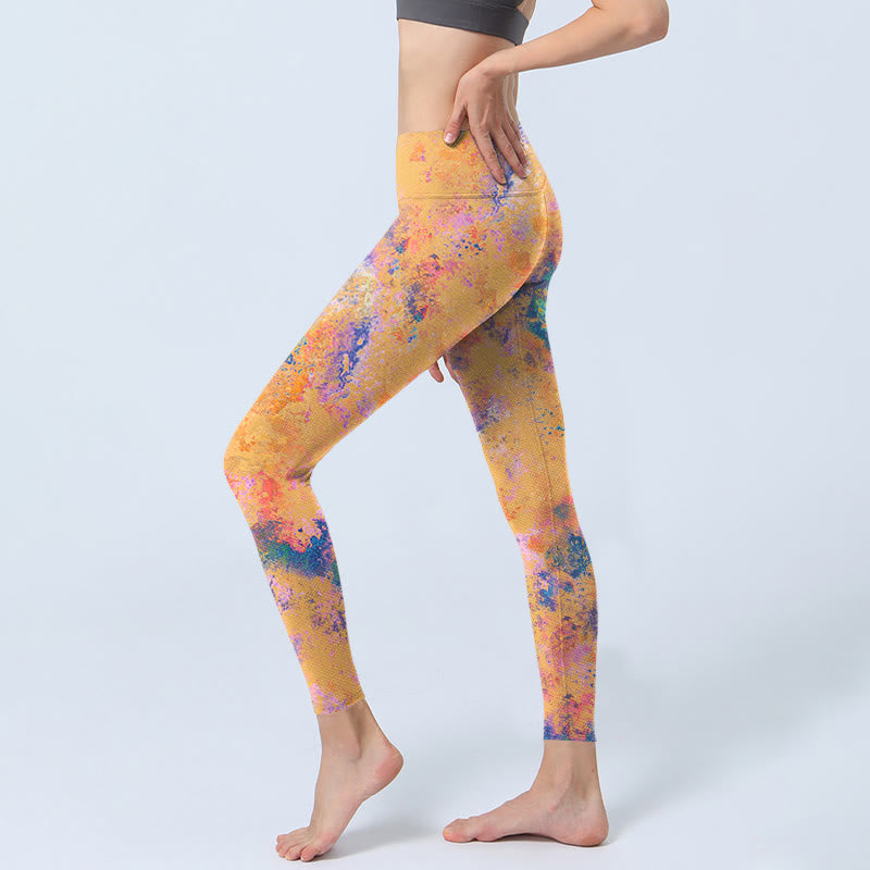 Leggings de yoga para mujer con estampado de acuarela abstracta de color amarillo brillante y Buddha Stones - image 3