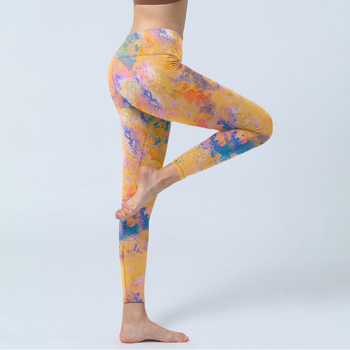 Leggings de yoga para mujer con estampado de acuarela abstracta de color amarillo brillante y Buddha Stones - image 4