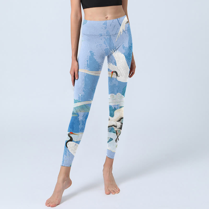 Leggings de yoga para mujer con estampado de grulla de corona roja, nubes auspiciosas y montaña de Buddha Stones - image 6