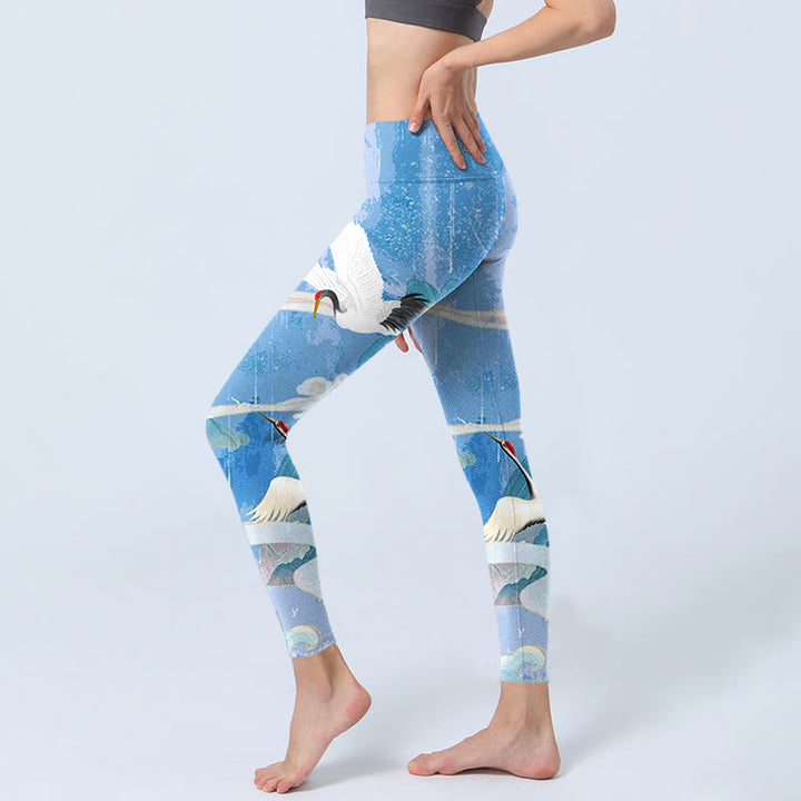 Leggings de yoga para mujer con estampado de grulla de corona roja, nubes auspiciosas y montaña de Buddha Stones - image 3