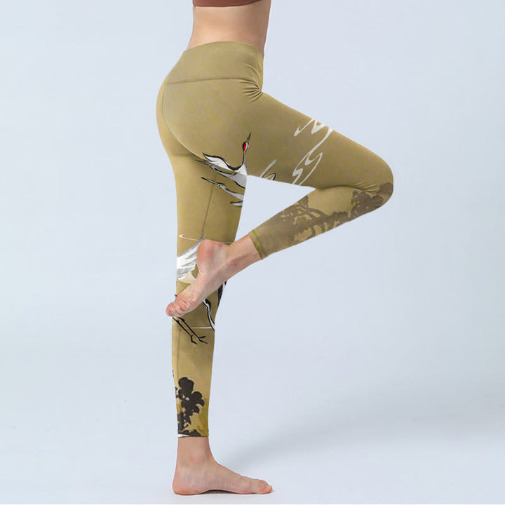 Leggings de yoga para mujer con estampado de Buddha Stones, árboles, nubes y grullas de corona roja - image 4
