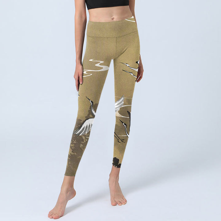 Leggings de yoga para mujer con estampado de Buddha Stones, árboles, nubes y grullas de corona roja - image 6