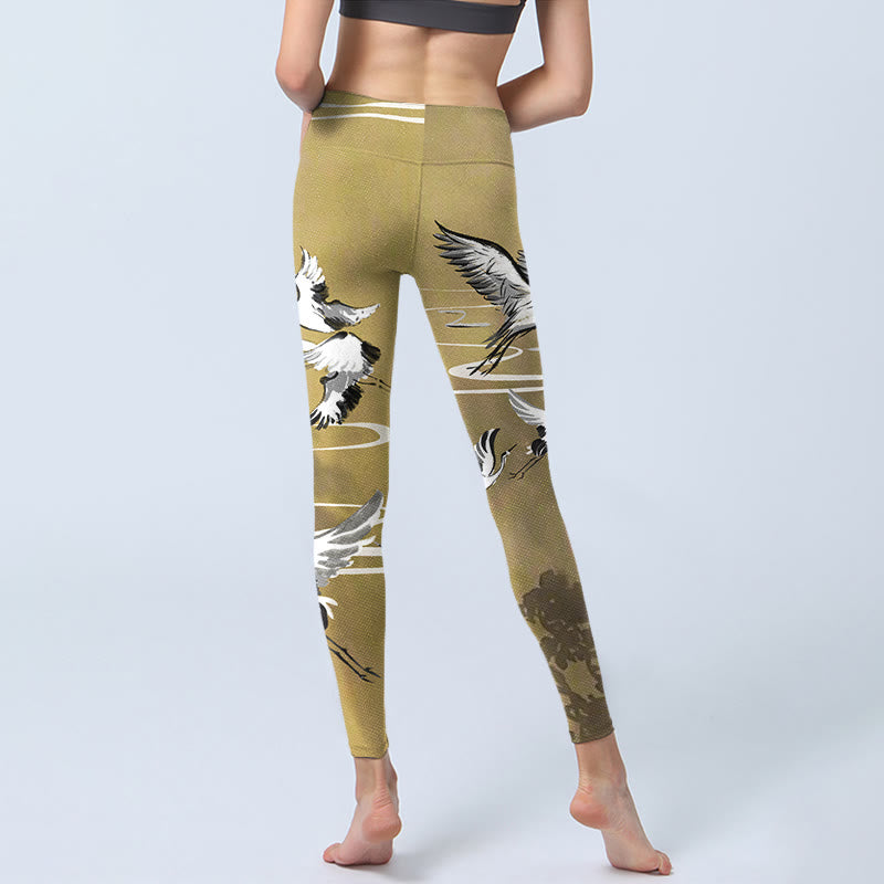 Leggings de yoga para mujer con estampado de Buddha Stones, árboles, nubes y grullas de corona roja - image 7