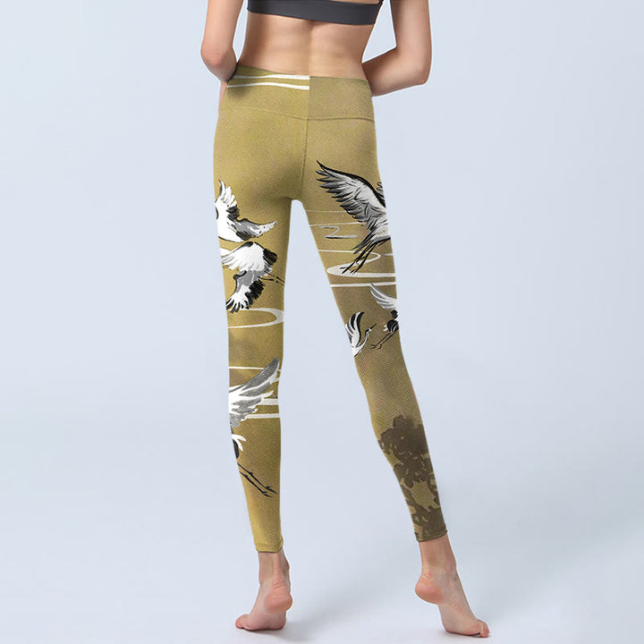 Leggings de yoga para mujer con estampado de Buddha Stones, árboles, nubes y grullas de corona roja - image 7