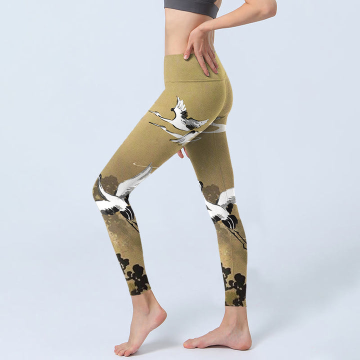 Leggings de yoga para mujer con estampado de Buddha Stones, árboles, nubes y grullas de corona roja - image 3