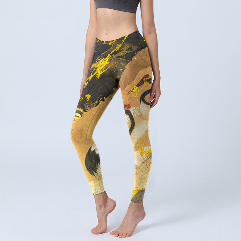 Leggings de yoga para mujer con estampado de grulla de corona roja, pino, roca y piedras de Buddha Stones - Vara de oro - US18，UK/AU22，EU50 (4XL) - image 1