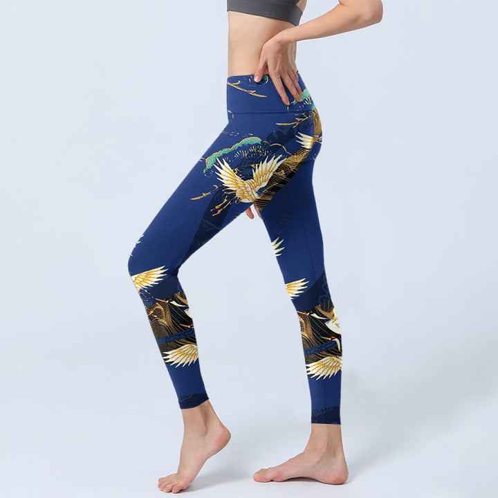 Leggings de yoga para mujer con estampado de grulla coronada roja y templo de montaña con Buddha Stones - image 3