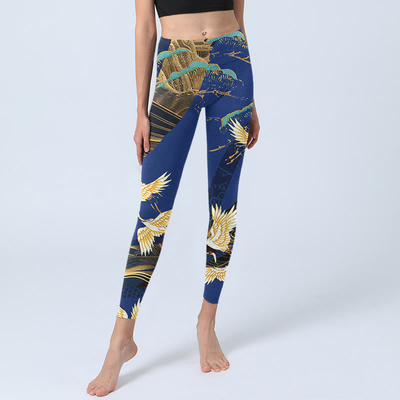 Leggings de yoga para mujer con estampado de grulla coronada roja y templo de montaña con Buddha Stones - image 5