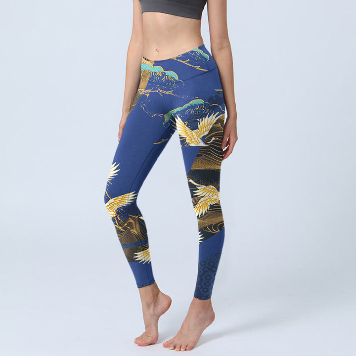 Leggings de yoga para mujer con estampado de grulla coronada roja y templo de montaña con Buddha Stones - Azul oscuro - US18，UK/AU22，EU50 (4XL) - image 0