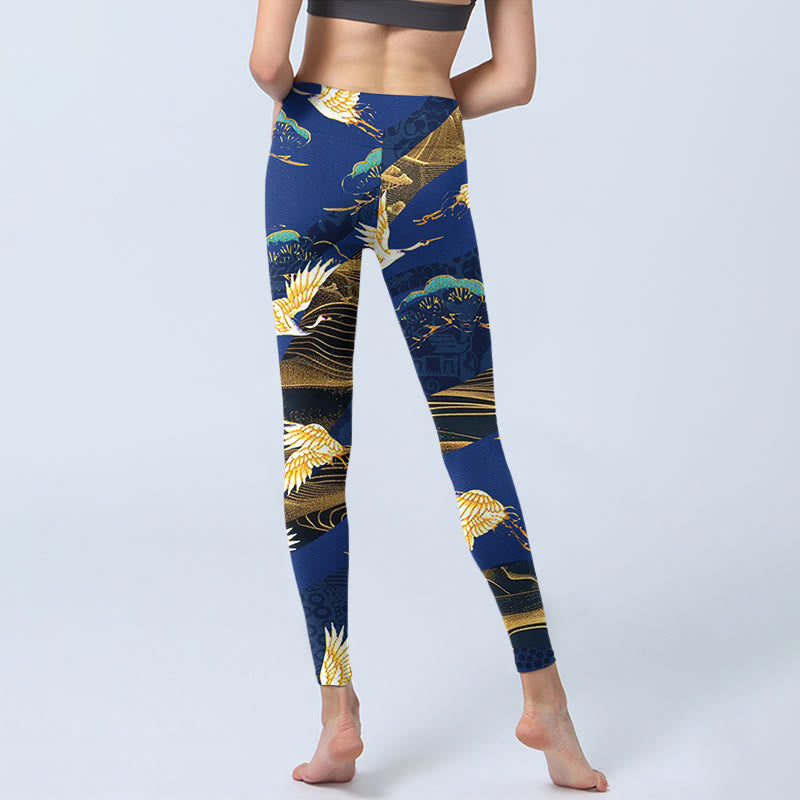 Leggings de yoga para mujer con estampado de grulla coronada roja y templo de montaña con Buddha Stones - image 7