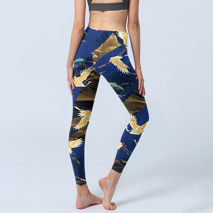 Leggings de yoga para mujer con estampado de grulla coronada roja y templo de montaña con Buddha Stones - image 5