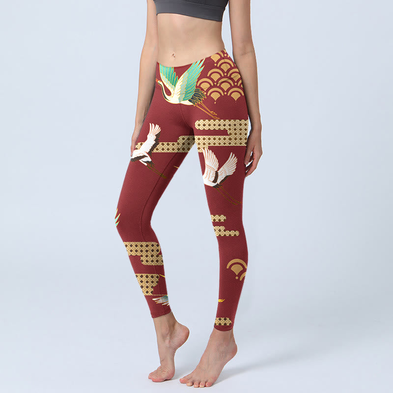 Leggings de yoga para mujer con estampado de nubes y grullas coronadas de color rojo y Buddha Stones - Ladrillo refractario - US18，UK/AU22，EU50 (4XL) - image 0