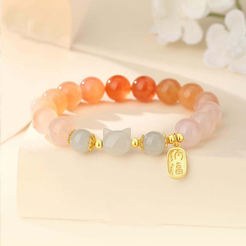 Pulsera de confianza con carácter de gato Fu y jade hetiano de ágata roja y plata de ley 925 con Buddha Stones - Ágata roja (circunferencia de la muñeca: 15-17 cm) - image 1
