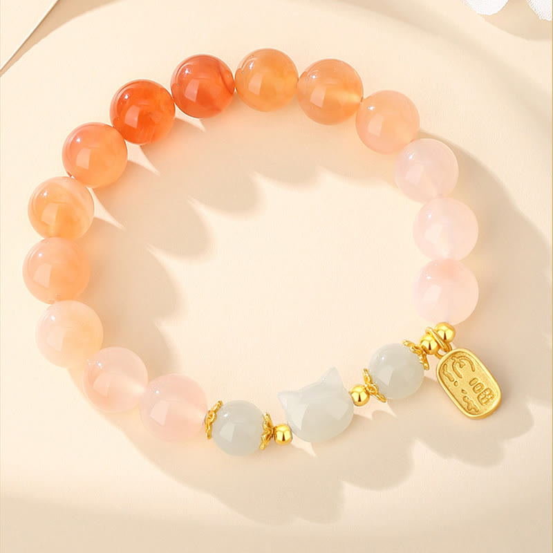 Pulsera de confianza con carácter de gato Fu y jade hetiano de ágata roja y plata de ley 925 con Buddha Stones - image 1