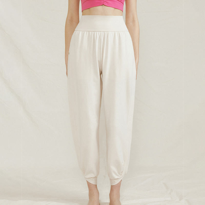 Pantalones casuales de algodón con cintura alta, pliegues laterales, secado rápido y bolsillos para mujer de Buddha Stones - image 1